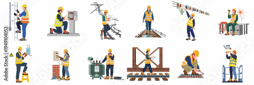 Professional Electricians and Railway Maintenance Workers Performing Various Technical Tasks in Flat Vector Illustration Set