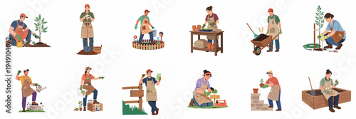 Vector illustration set of professional gardeners and landscapers performing various gardening tasks like planting, watering, and potting in a flat design style.