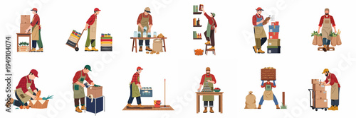 Set of flat vector illustrations depicting warehouse and grocery store staff performing various duties like inventory management, packing, and product organization.