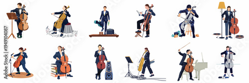 Collection of flat vector illustrations featuring professional cello players in formal attire performing, practicing, and carrying instruments in various musical settings.