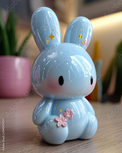 Sweet Bunny's Charm: A delightful, sky-blue bunny figurine, its ears adorned with delicate gold embellishments and a charming floral touch, radiates a gentle sweetness. 