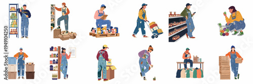 Young People Working in Supermarket or Warehouse Environment Stocking Shelves, Managing Inventory, and Handling Food Supplies in a Multi-Character Vector Illustration Set.