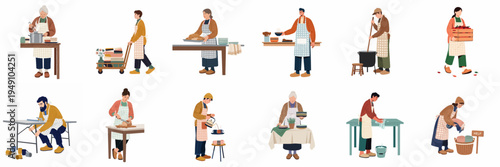 Diverse people volunteering and performing community service tasks, including cooking, cleaning, and distributing supplies for charity.