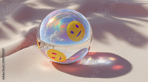 Dreamy Sphere of Emotions: A captivating artistic composition features a crystal sphere adorned with emotive yellow face emojis, reflecting a dreamlike sky.
