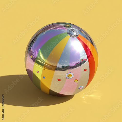 Chromed Rainbow Ball on Yellow: A brightly colored, metallic beach ball resting on a vibrant yellow surface, showcasing playful colors and a reflective surface, radiating summertime fun.