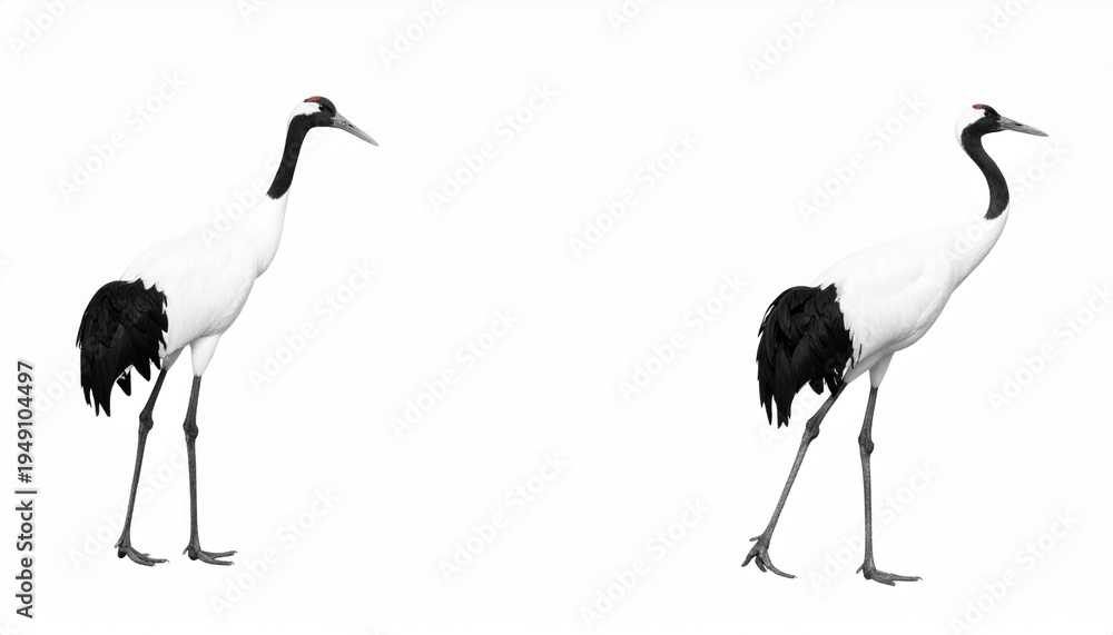 Fototapeta premium Two cranes walking in opposite directions on white background