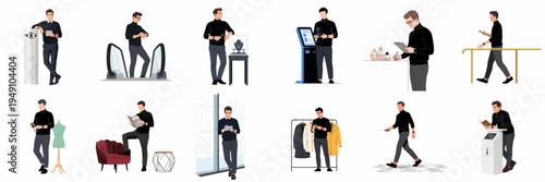 Illustrations of a modern professional man in various retail and lifestyle scenarios, featuring digital technology, shopping, and luxury environments.