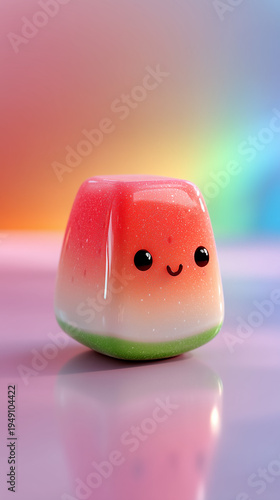 Playful Watermelon Dessert: A delightful and whimsical watermelon-shaped dessert, meticulously crafted with vibrant colors and a charming smile, poised against a soft, colorful backdrop.