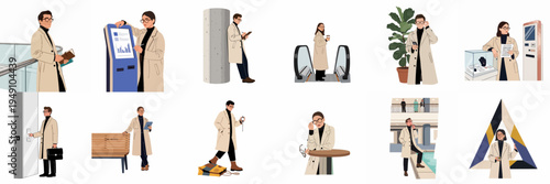Collection of stylish professional man and woman wearing beige trench coats in various urban and business settings, flat vector illustration.