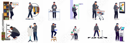 Vector illustration set depicting a professional monitoring retail spaces, analyzing consumer behavior, managing stock, and utilizing smart technology for store operations and optimization.