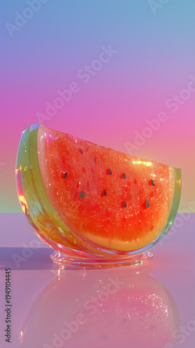 Sparkling Watermelon Delight: An inviting and vibrant still life of a translucent watermelon slice, radiating a rainbow of colors against a soft and dreamy backdrop.