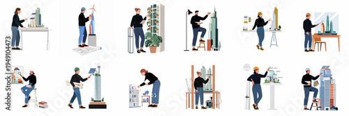 Diverse collection of professional architects and engineers designing sustainable, eco-friendly building models with renewable energy sources like solar and wind power.