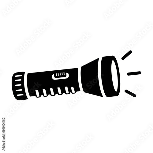 Handheld flashlight icon in black silhouette with beam and rays for technology category.