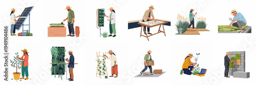 Flat vector illustrations of diverse people working on sustainable gardening, green roofs, vertical farming, solar energy, and urban ecology projects.