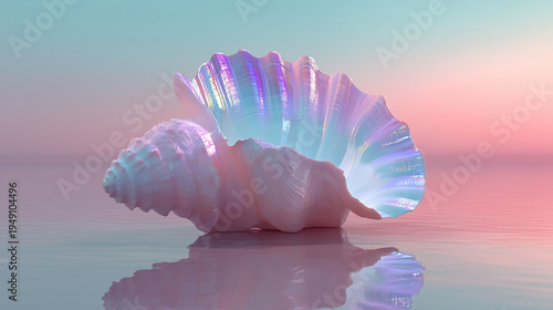 Sea Shell's Iridescent Glow: A close-up view unveils a pristine sea shell, its pearlescent surface shimmering with an ethereal, opalescent radiance.  The shell rests gracefully.