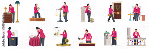 Set of flat illustrations featuring a female politician or lawyer performing various professional tasks related to law, government, and pay equity advocacy.