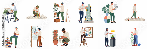 Set of professional architects, urban planners, and environmental designers working on sustainable building projects and landscape designs in a modern flat vector style.