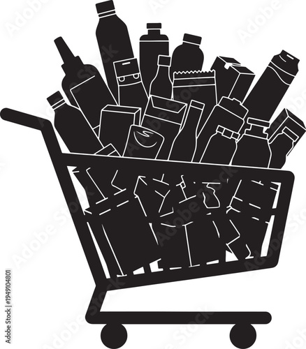 Shopping Cart Filled with Various Beverage Bottles and Cans Isolated on White