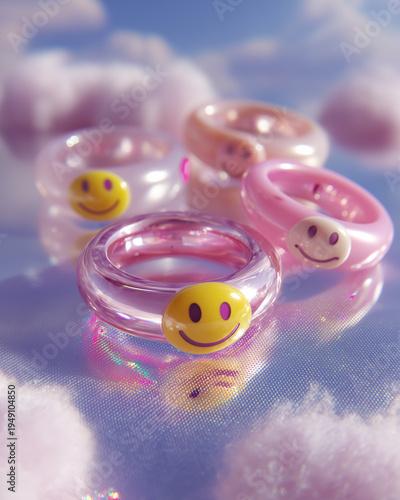Joyful Smile Rings in Pastel Hues: Close-up shot showcases vibrant rings featuring smiling face designs, radiating positivity and playfulness. Against a backdrop of dreamy clouds.