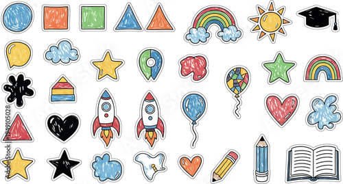 Colorful educational icons isolated on transparent background