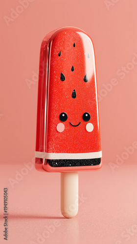 Melon ice cream: A delicious and cute watermelon-shaped ice cream on a stick, offering a refreshing and playful treat on a beautiful summer day.