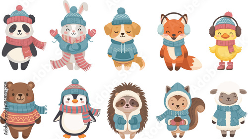 Cute Cartoon Winter Animals Vector Illustration Set Featuring Panda Rabbit Dog Fox Duck Bear Penguin Hedgehog Squirrel and Sheep in Warm Clothes