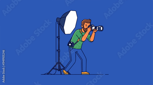 Professional photographer capturing moments with a camera and studio lighting.