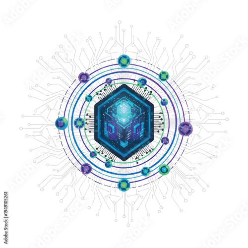 A vibrant blue hexagon surrounded by concentric circles and colorful orbs on a white background with a futuristic and technological mood.