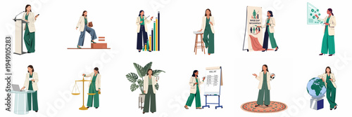 Collection of vector illustrations showcasing a professional businesswoman in diverse leadership roles, from public speaking and data analysis to global business strategy.