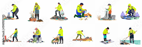 Flat vector set of environmental researchers and volunteers collecting, sorting, and analyzing plastic waste and marine debris for ocean conservation.