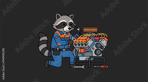 Raccoon mechanic fixing an engine with tools.