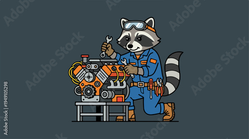 Raccoon mechanic fixing an engine with tools.