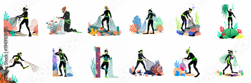 A set of illustrations showing scuba divers removing ghost nets and plastic debris from coral reefs to protect marine ecosystems and life.