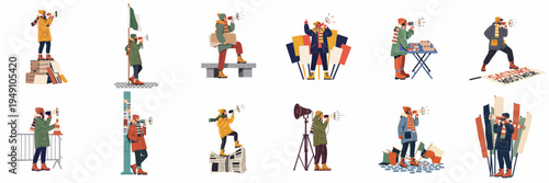Vector illustration collection of activists and protesters in winter gear using megaphones and holding signs for public demonstrations and social movements.