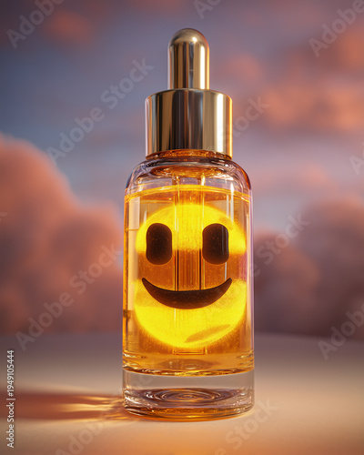 Golden Elixir of Joy: A transparent glass bottle, holding a radiant liquid and a smiling emblem, embodies positivity against a dreamy sky backdrop, inviting feelings of bliss and optimism.