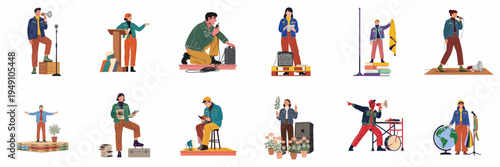 Flat vector illustrations of diverse young activists and protesters speaking out, using megaphones, and advocating for social change and global environmental awareness.