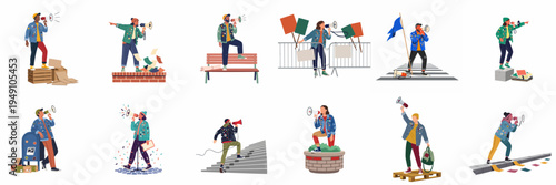 Set of diverse young activists shouting through megaphones in various public settings, advocating for social change and expressing their messages loudly and clearly.