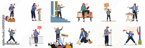Collection of diverse activists and protesters advocating for social change, equality, and civil rights through public speaking, signs, and community organizing.