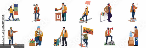 Diverse people participating in peaceful social activism, protest, and human rights advocacy, featuring peace symbols, megaphones, banners, and community support in flat illustration.