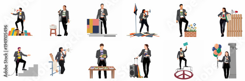 Set of Flat Vector Illustrations Featuring Diverse Activists, Public Speakers, and Protesters Engaging in Advocacy and Social Campaigns