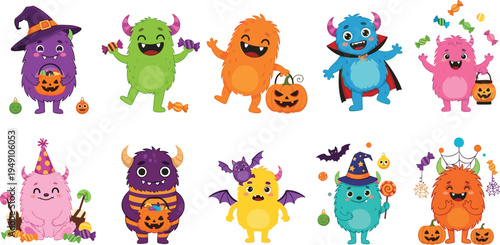 Cute Halloween Monster Characters Vector Illustration Set Featuring Funny Cartoon Creatures with Pumpkin Candy Bat Witch Hat and Trick or Treat Elements