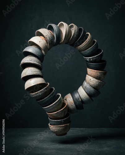 Abstract ring sculpture made from stacked weathered discs on a dark background. generative AI