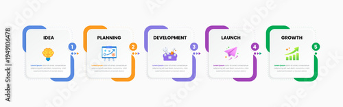 Modern business infographic with five step process and colorful cards. Suitable for workflow, marketing strategy, presentation and project planning. Vector EPS10.
