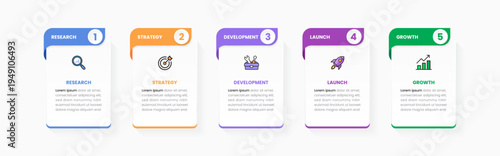 Business infographic template with five step workflow. Modern design with colorful cards and icons. Ideal for project stages, marketing process, presentation, business strategy visualization. EPS10.