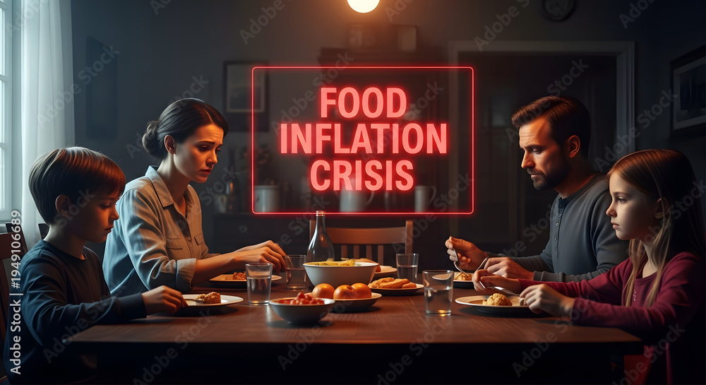 © Pixelkumar - Family discussing food inflation crisis during dinner with worried expressions in dimly lit home setting