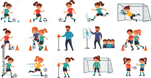 Kids Playing Soccer Training and Football Practice Vector Illustration Set Featuring Young Players Dribbling Kicking Running Goalkeeper and Coach Cartoon Characters