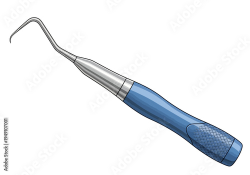Dental explorer instrument with blue handle.