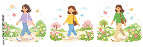Vector of a woman walking leisurely in a flower garden. Spring theme. Vector, flat, illustration, minimalist, icon, icon set