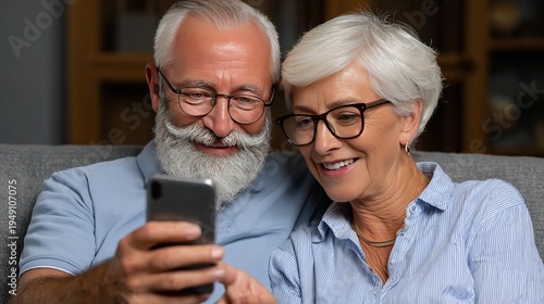 Connected Senior Moments: An elderly couple shares a moment of connection, smiling as they look at a mobile phone, embracing the simplicity of modern technology.