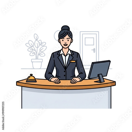 Professional woman working at a desk in an office with computer and paperwork.